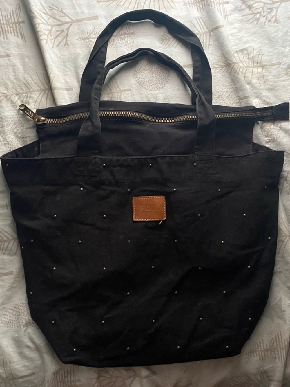 PINK Victoria's Secret Black Canvas Tote with Gold Stud Accents